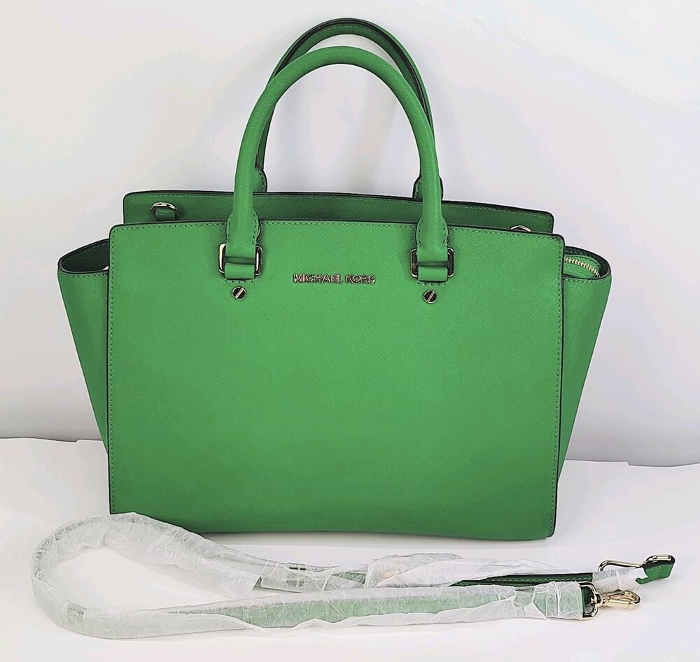 Michael Kors Selma Medium Satchel Green Saffiano Leather Crossbody Handbag Purse